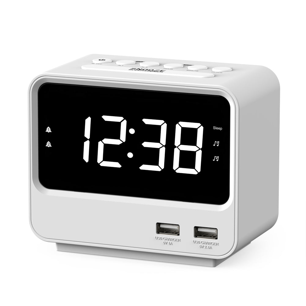 Radio despertador para dormitorios con dos puertos de carga USB, números grandes con brillo ajustable, radio FM digital de cabecera con temporizador de apagado, volumen ajustable, función de repetición de alarma para reloj digital LED blanco iTOMA A23