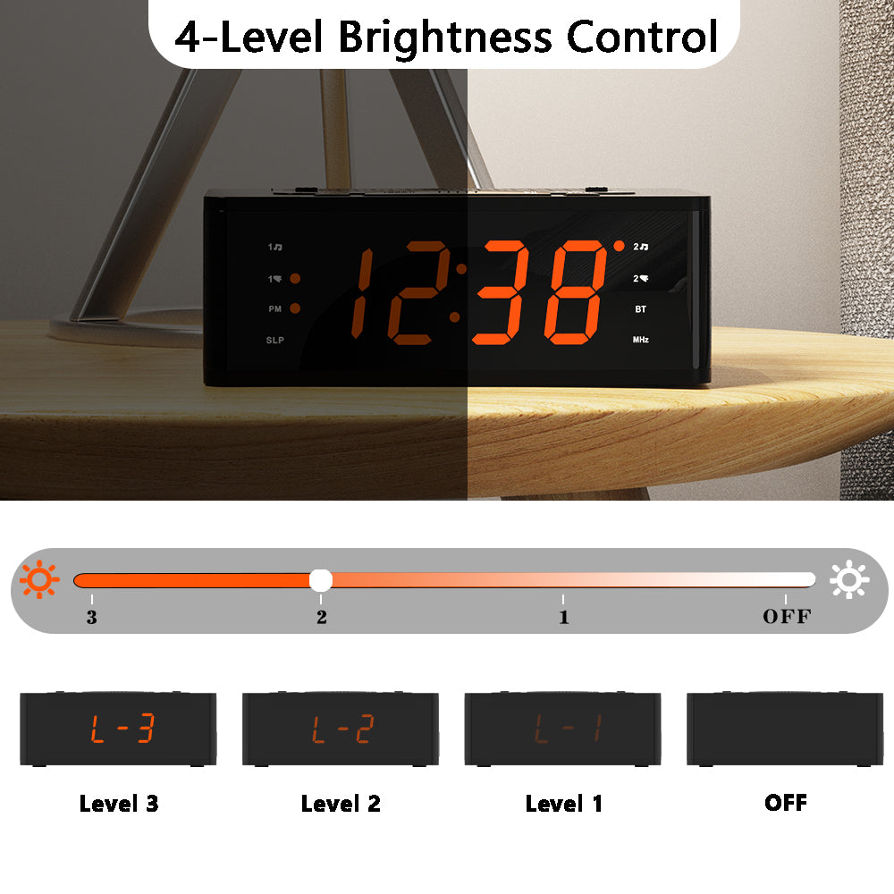 Bedroom Digital Alarm clock with FM radio, Bluetooth, Dimmable LED display screen, sleep timer, adjustable volume, dual alarm clock with on/off button, bedside alarm clock for adults, the elderly and children iTOMA 515