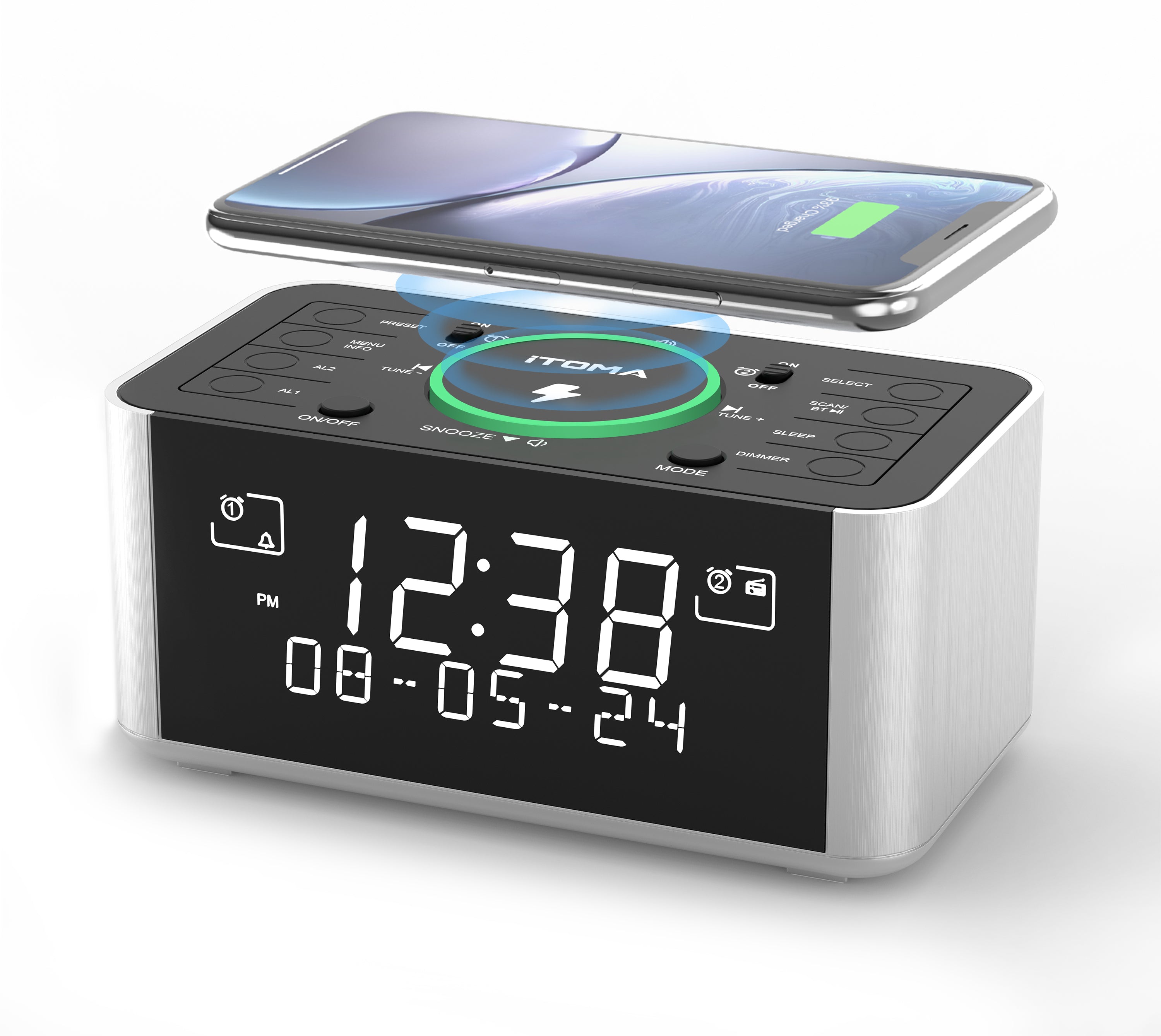Despertador con radio DAB y FM, carga inalámbrica, 40 emisoras presintonizadas, alarmas duales, función de repetición, pantalla LCD regulable, Bluetooth, carga USB y conector para auriculares, radio despertador de noche iTOMA 206D