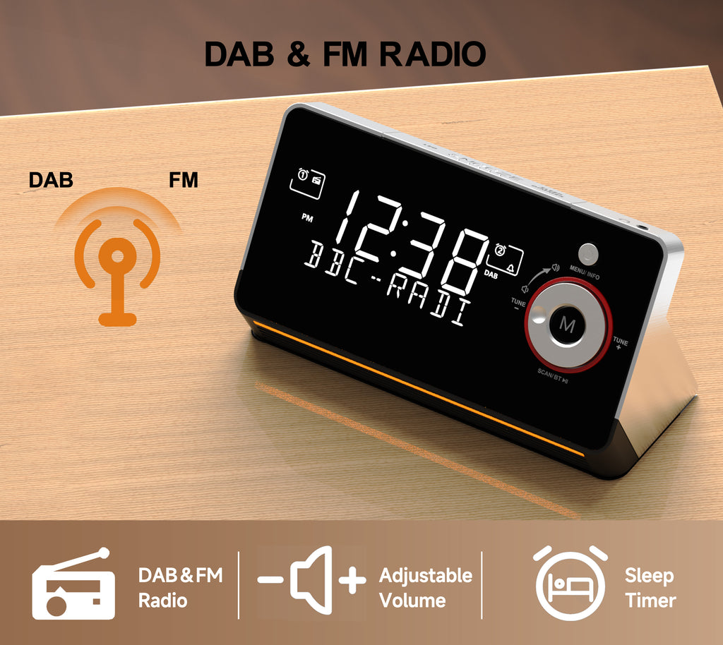 Wecker mit DAB- und FM-Radio, zwei Alarmen, Schlummerfunktion, dimmbarem LCD-Display, Nachtlicht, Bluetooth, Typ-C- und USB-Ladeanschlüssen iTOMA 729
