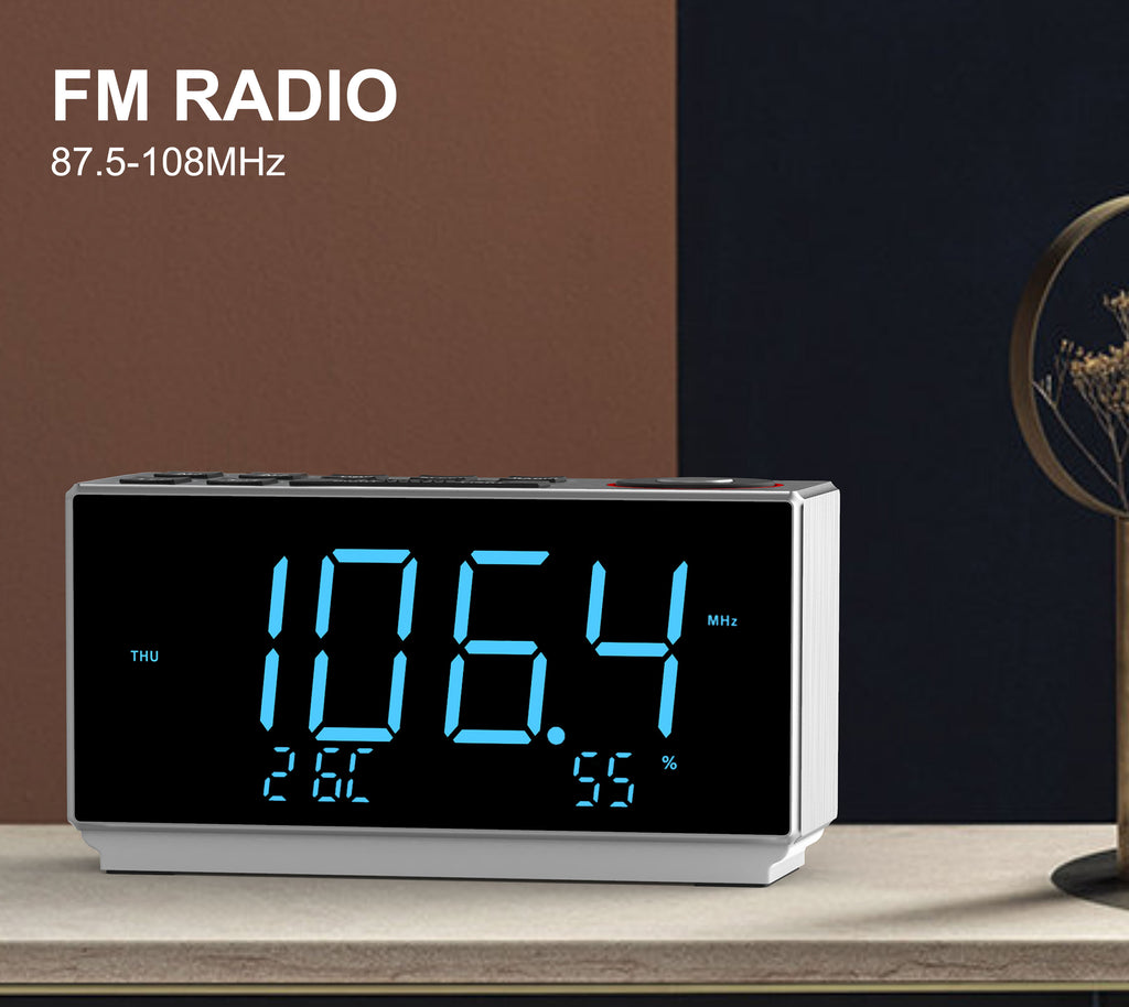 Reloj despertador dual con radio FM, carga USB, pantalla LED de 1,8", luz nocturna, función de repetición, control de atenuación, altavoz Bluetooth y pantalla de temperatura y humedad iTOMA 508