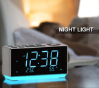 Reloj despertador dual con radio FM, carga USB, pantalla LED de 1,8", luz nocturna, función de repetición, control de atenuación, altavoz Bluetooth y pantalla de temperatura y humedad iTOMA 508