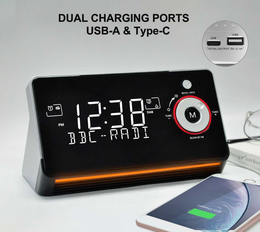 Wecker mit DAB- und FM-Radio, zwei Alarmen, Schlummerfunktion, dimmbarem LCD-Display, Nachtlicht, Bluetooth, Typ-C- und USB-Ladeanschlüssen iTOMA 729