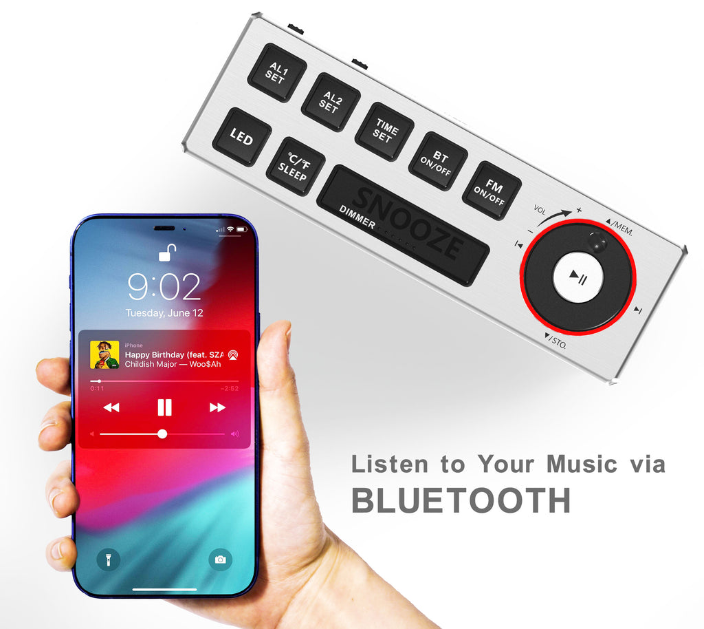Reloj despertador dual con radio FM, carga USB, pantalla LED de 1,8", luz nocturna, función de repetición, control de atenuación, altavoz Bluetooth y pantalla de temperatura y humedad iTOMA 508