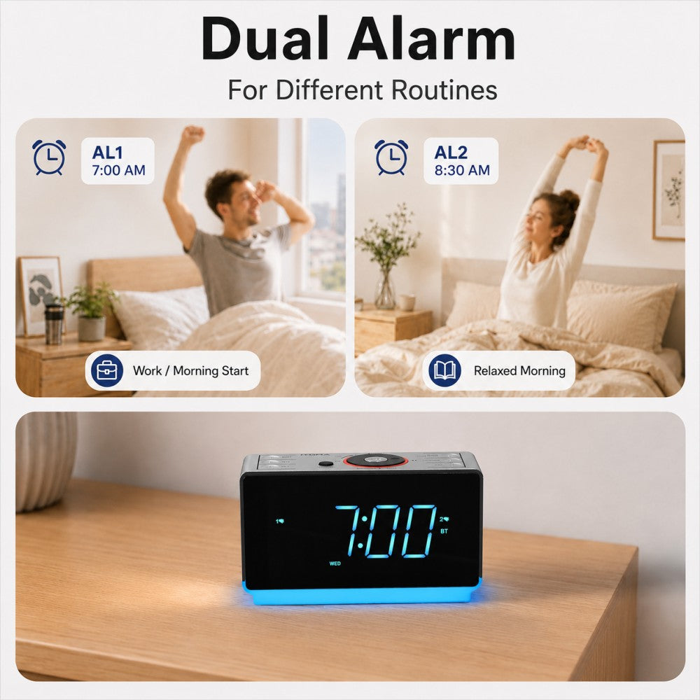 iTOMA Alarm Clock Radio with Bluetooth 5.1 Speaker, Dual Alarms, FM Radio, 1.4-Inch LED Display, Auto Dimmer, USB Charging Port, Night Light, Snooze and Sleep Timer  CKS708