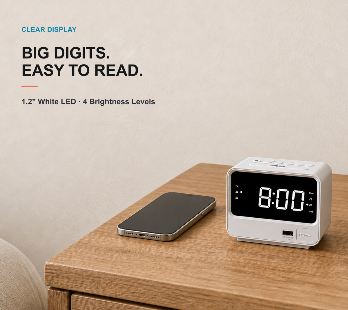 iTOMA Alarm Clock Radio for Bedrooms with Two USB Charging Port, Large Numbers with Adjustable Brightness, Bedside Digital FM Radio with Sleep Timer, Volume, Snooze, Led Digital Clock A23 (White)