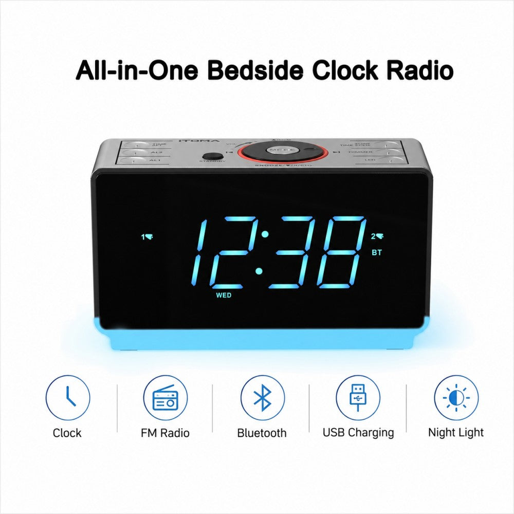 iTOMA Alarm Clock Radio with Bluetooth 5.1 Speaker, Dual Alarms, FM Radio, 1.4-Inch LED Display, Auto Dimmer, USB Charging Port, Night Light, Snooze and Sleep Timer  CKS708