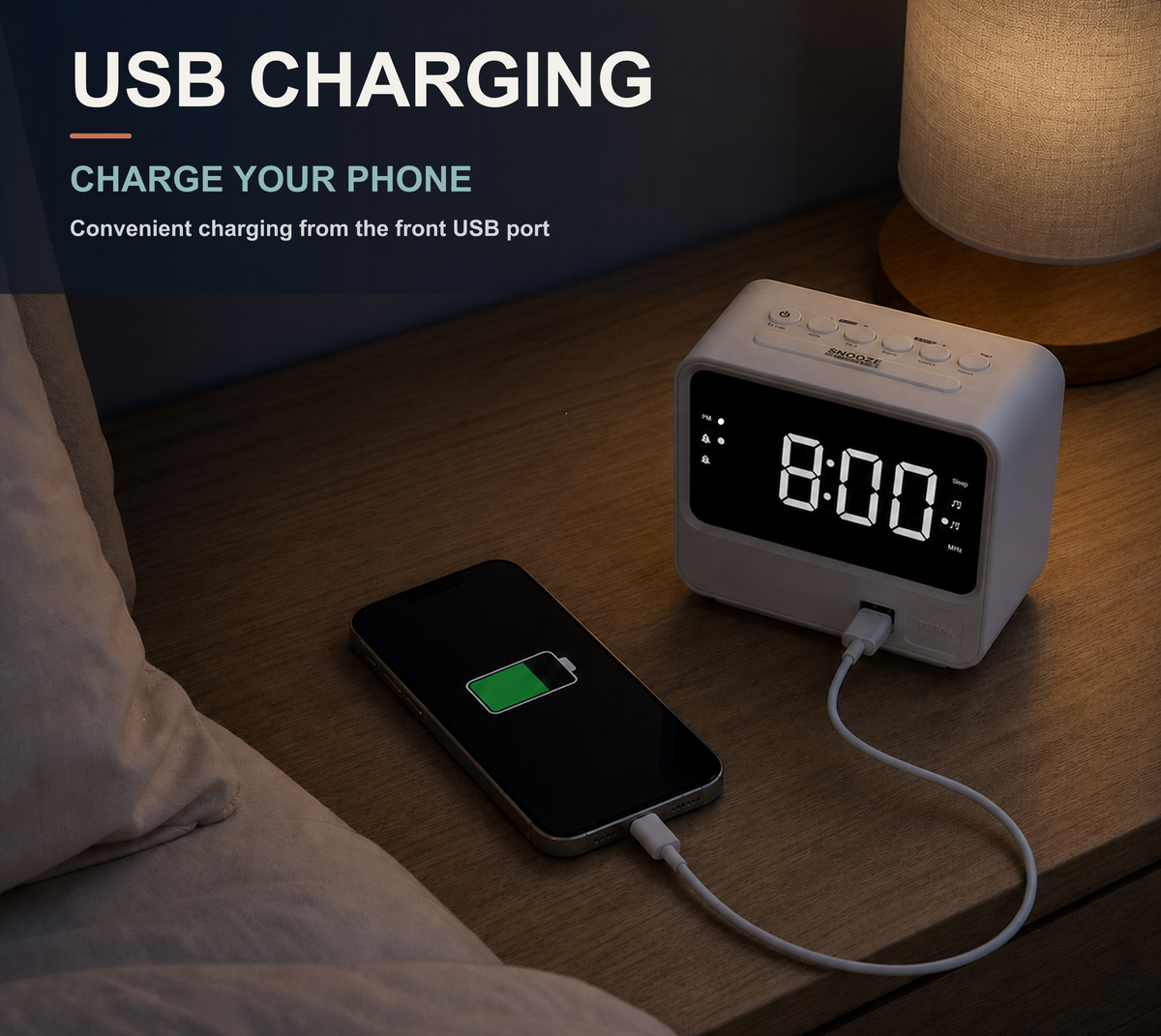 iTOMA Alarm Clock Radio for Bedrooms with Two USB Charging Port, Large Numbers with Adjustable Brightness, Bedside Digital FM Radio with Sleep Timer, Volume, Snooze, Led Digital Clock A23 (White)