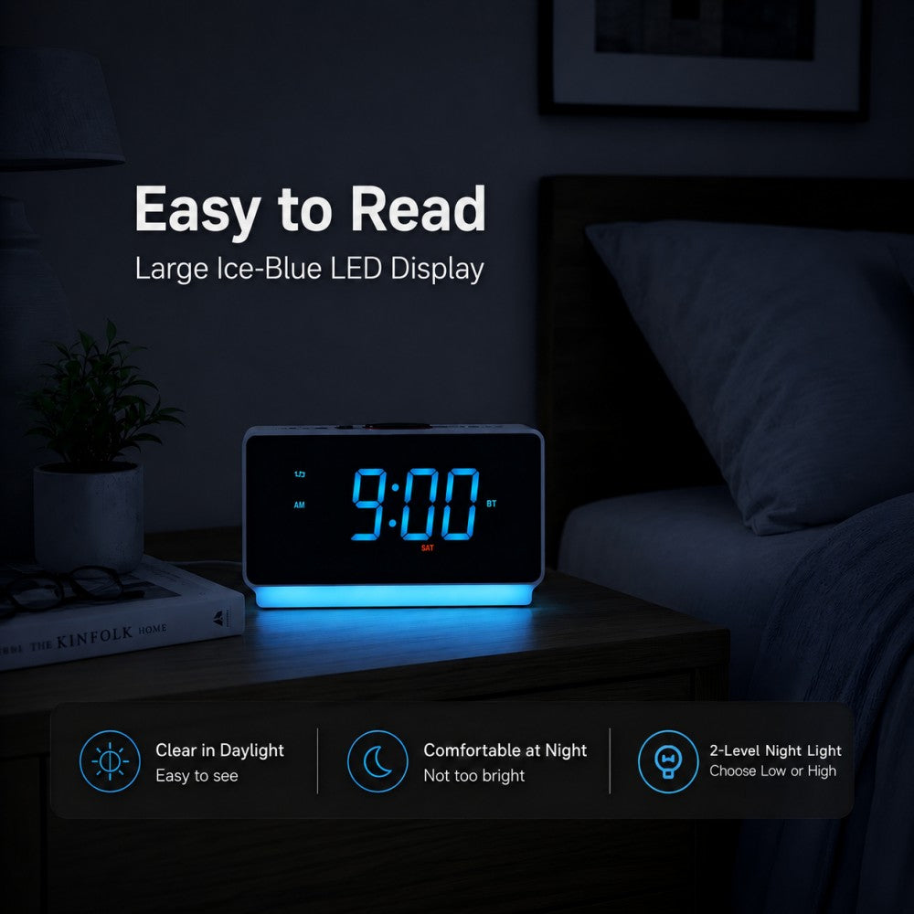 iTOMA Alarm Clock Radio with Bluetooth 5.1 Speaker, Dual Alarms, FM Radio, 1.4-Inch LED Display, Auto Dimmer, USB Charging Port, Night Light, Snooze and Sleep Timer  CKS708