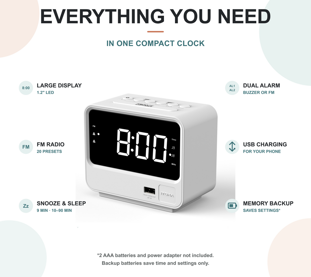 iTOMA Alarm Clock Radio for Bedrooms with Two USB Charging Port, Large Numbers with Adjustable Brightness, Bedside Digital FM Radio with Sleep Timer, Volume, Snooze, Led Digital Clock A23 (White)