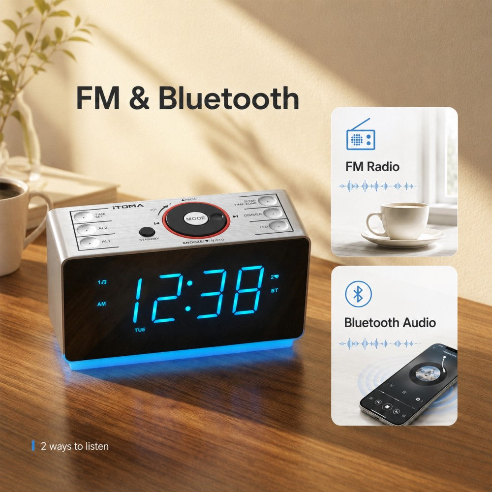 iTOMA Alarm Clock Radio with Bluetooth 5.1 Speaker, Dual Alarms, FM Radio, 1.4-Inch LED Display, Auto Dimmer, USB Charging Port, Night Light, Snooze and Sleep Timer  CKS708