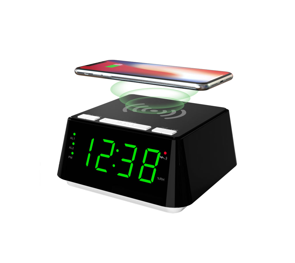 Reloj despertador de noche con carga inalámbrica, alarma dual, función de repetición, regulador de brillo, puerto de carga USB, pantalla LED grande, luz nocturna y pantalla de temperatura y humedad interior iTOMA 801