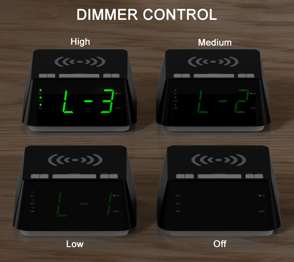 Reloj despertador de noche con carga inalámbrica, alarma dual, función de repetición, regulador de brillo, puerto de carga USB, pantalla LED grande, luz nocturna y pantalla de temperatura y humedad interior iTOMA 801
