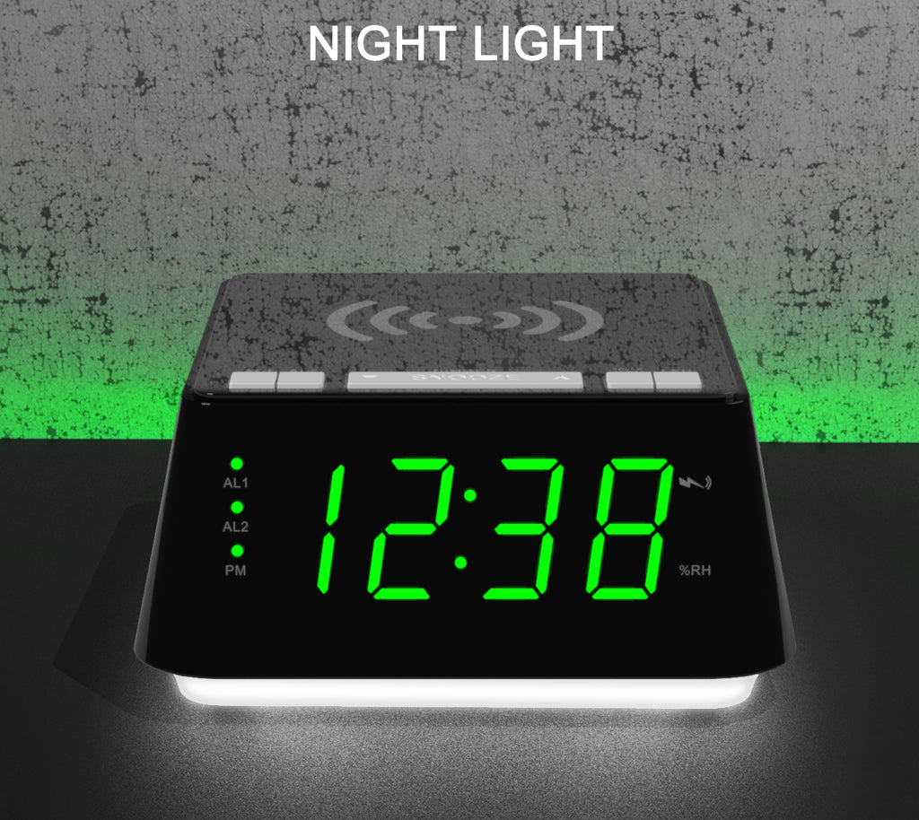 Reloj despertador de noche con carga inalámbrica, alarma dual, función de repetición, regulador de brillo, puerto de carga USB, pantalla LED grande, luz nocturna y pantalla de temperatura y humedad interior iTOMA 801