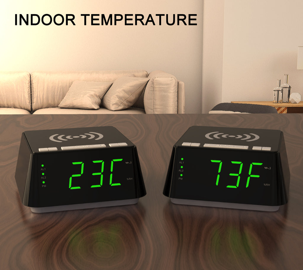 Reloj despertador de noche con carga inalámbrica, alarma dual, función de repetición, regulador de brillo, puerto de carga USB, pantalla LED grande, luz nocturna y pantalla de temperatura y humedad interior iTOMA 801