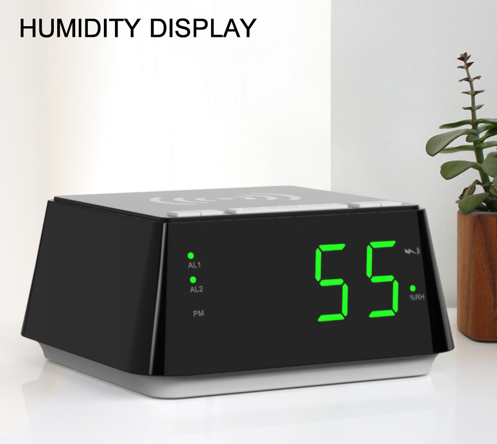Reloj despertador de noche con carga inalámbrica, alarma dual, función de repetición, regulador de brillo, puerto de carga USB, pantalla LED grande, luz nocturna y pantalla de temperatura y humedad interior iTOMA 801