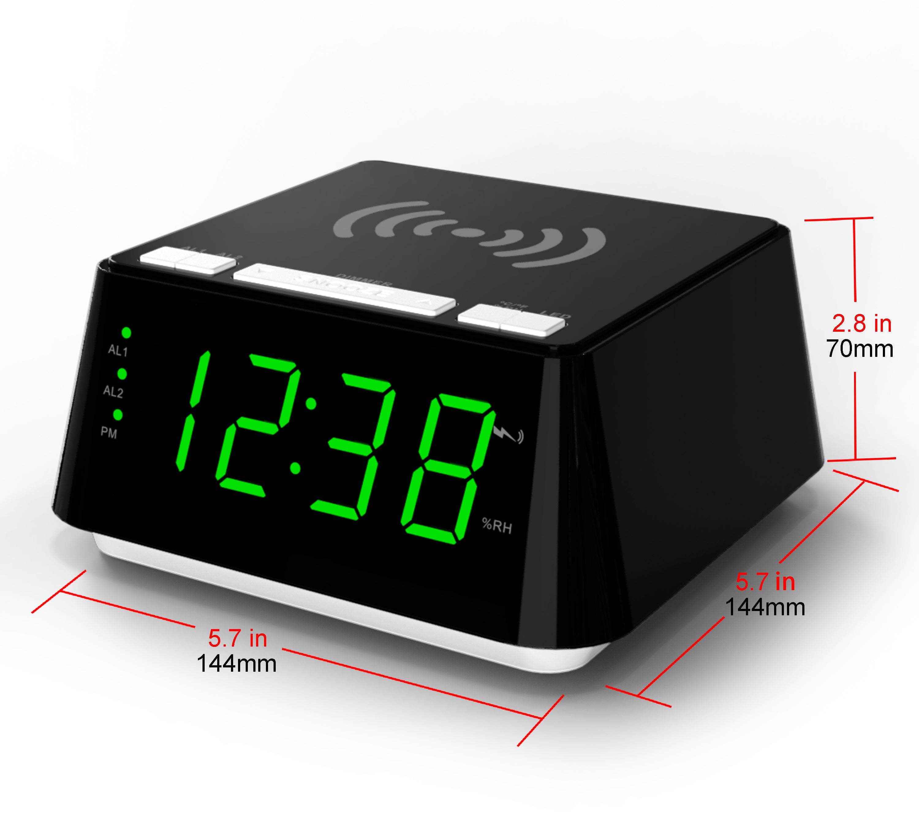 Reloj despertador de noche con carga inalámbrica, alarma dual, función de repetición, regulador de brillo, puerto de carga USB, pantalla LED grande, luz nocturna y pantalla de temperatura y humedad interior iTOMA 801